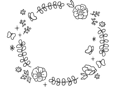 手書き風の花と葉っぱ、蝶のイラスト