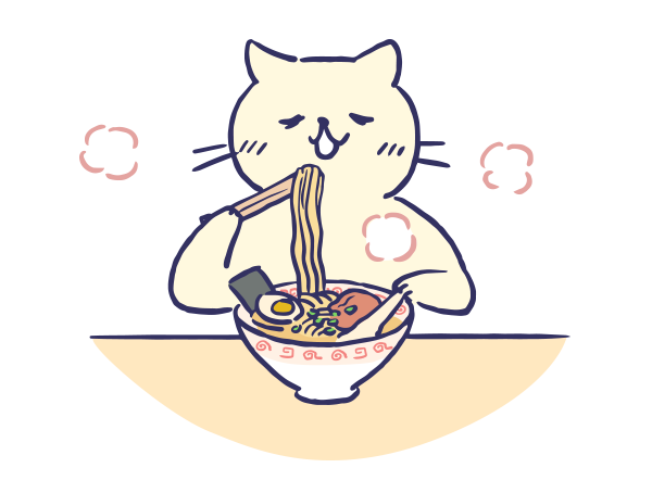 ラーメンを食べる猫